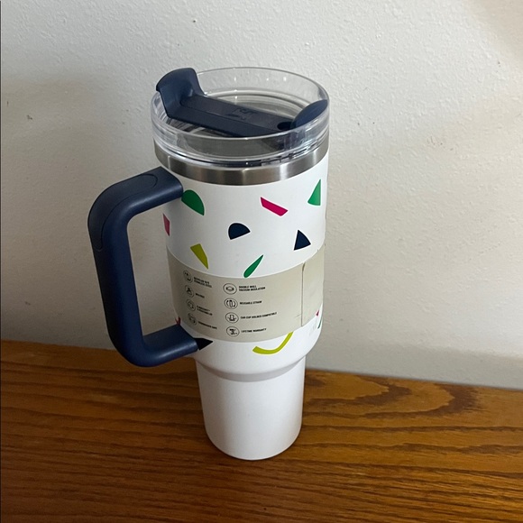 Stanley White Tumbler with Blue Handle and Colorful Accents - Picture 2 of 4